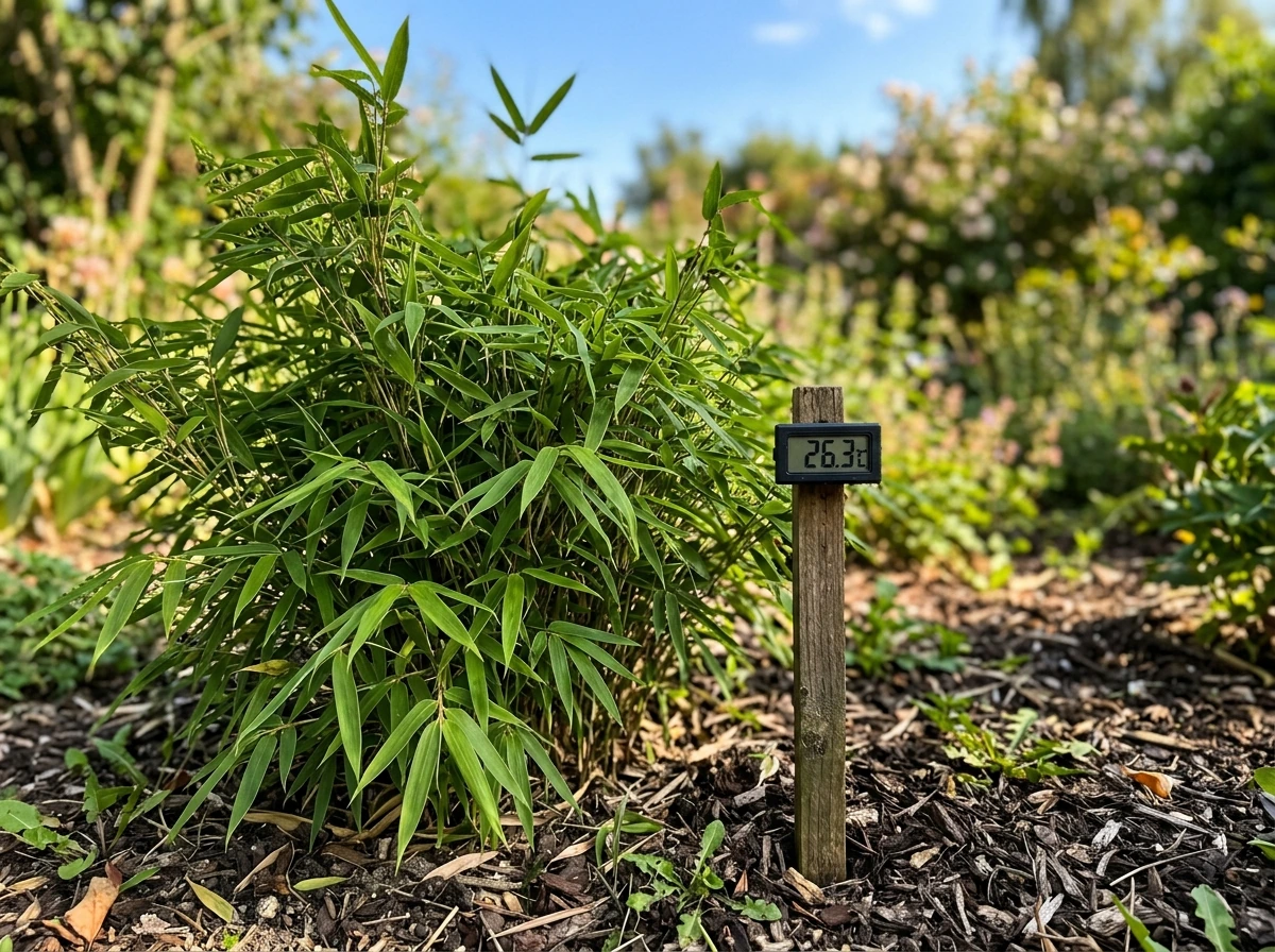 Thermometer and bamboo clump outdoors to show warm temperature needs