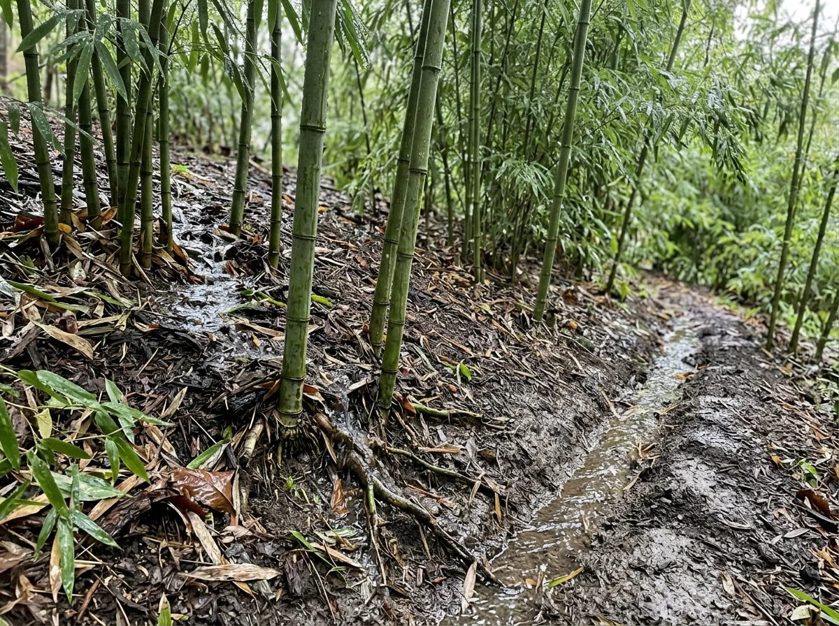 Rainfall runoff into a bamboo growing area showing moisture patterns