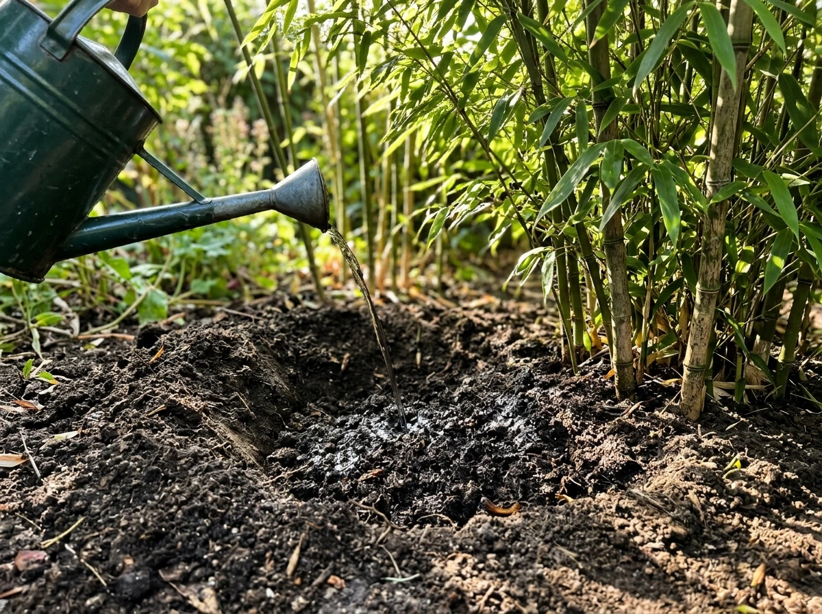 Garden soil closeup with bamboo roots and sunlight through leaves