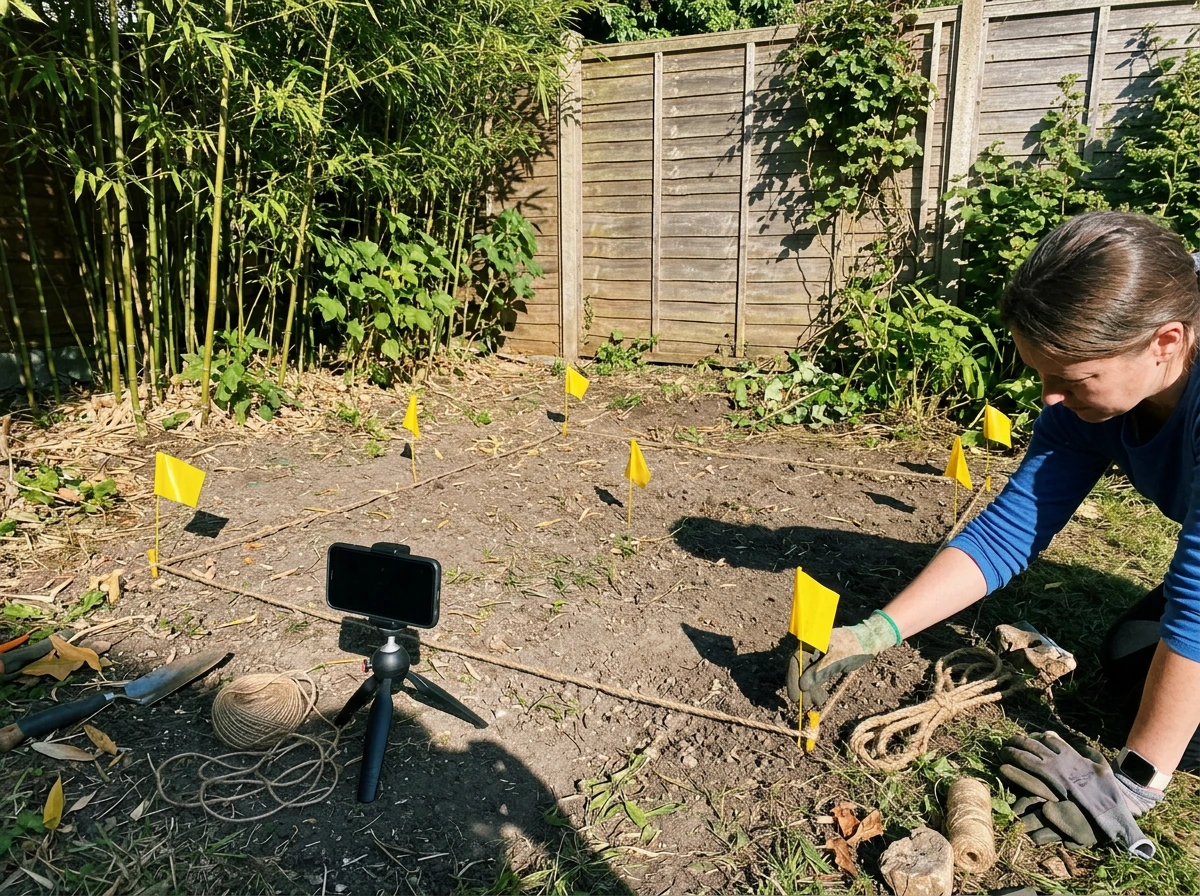 Hand measuring sun hours on a bamboo planting spot with a simple marker