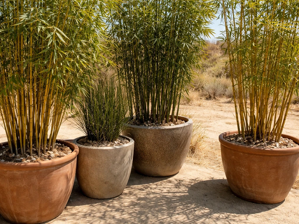 Arid-climate bamboo clumps in terracotta planters with dry sandy soil in bright desert sunlight.