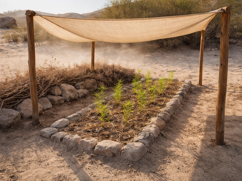 Shade fabric and low rock wind barrier sheltering young bamboo in a small desert planting bed.