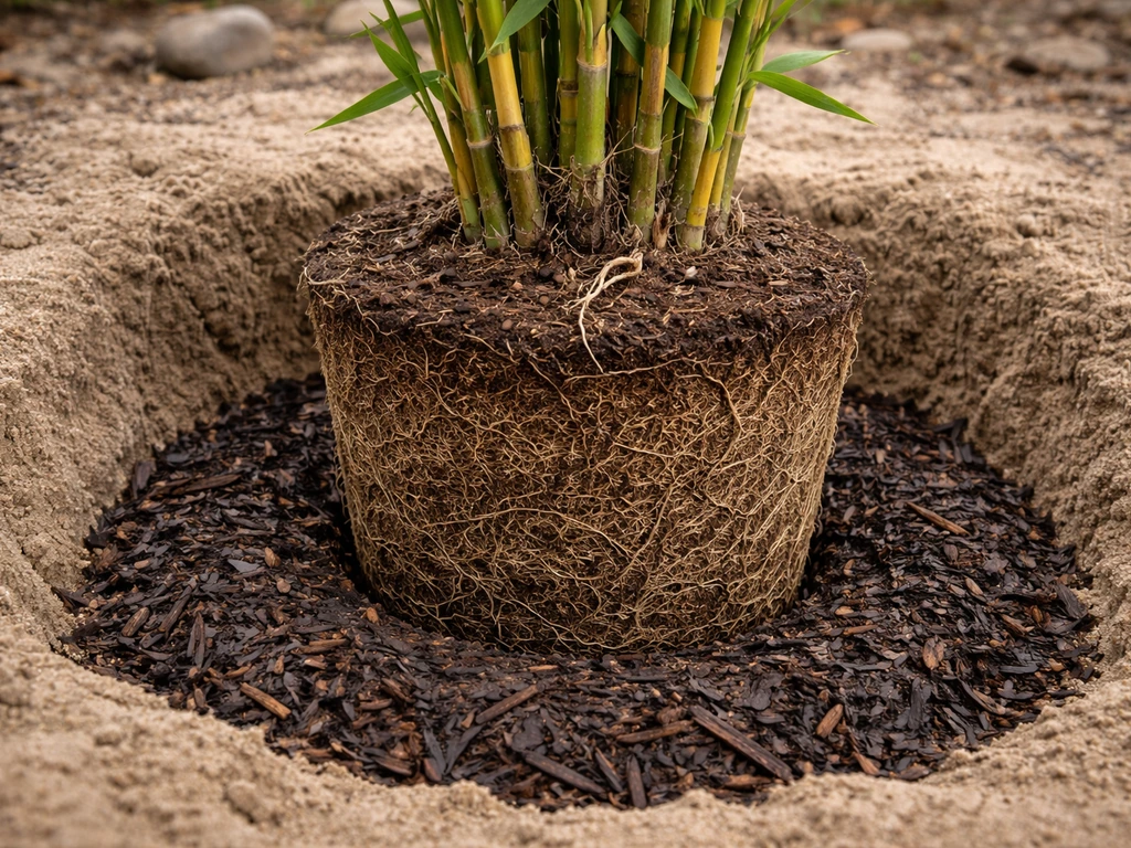 Bamboo root ball set in a planting hole with organic mulch ring around the base