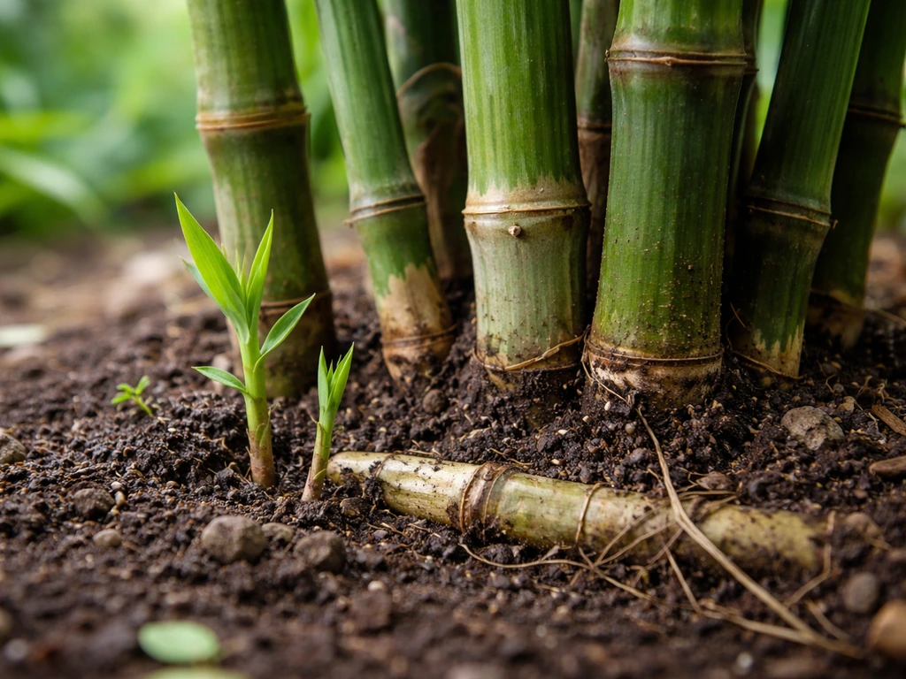 Close-up of bamboo culms with fresh green shoots emerging from soil near underground rhizomes.