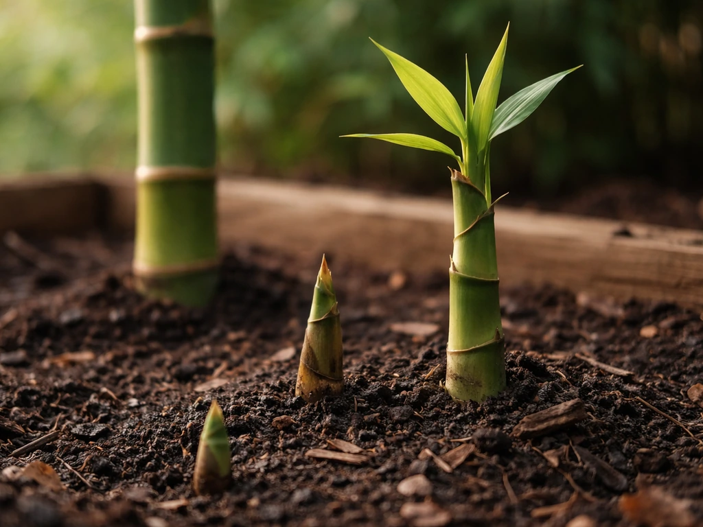 Bamboo shoots emerging from soil, shown at different growth stages in a simple garden bed.