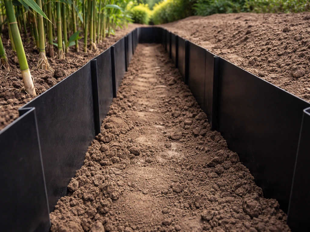 Trench with vertical black HDPE barrier backfilled around running bamboo for spread control.