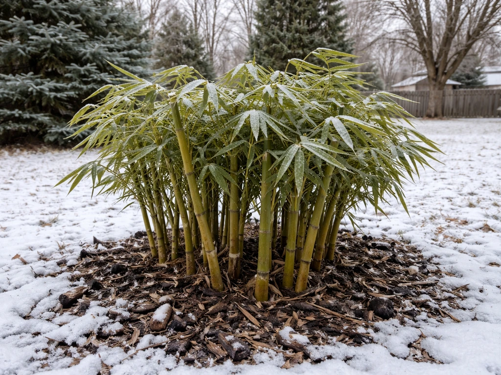 Clumping bamboo in a snowy Wisconsin backyard with frost and mulch, surviving winter outdoors.