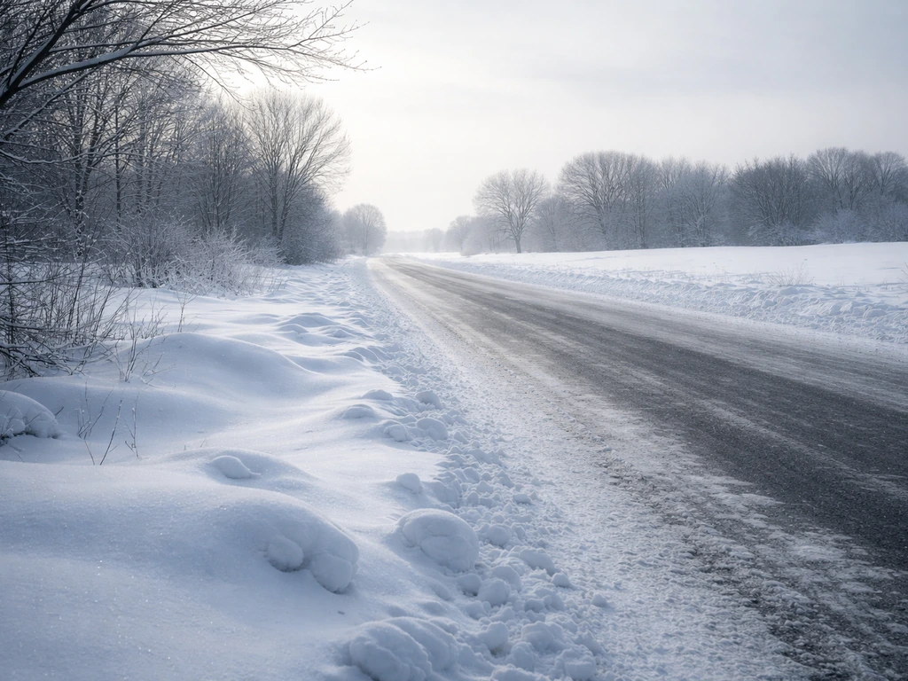 Snow and thin ice on a quiet Wisconsin winter road under an overcast sky, no people.