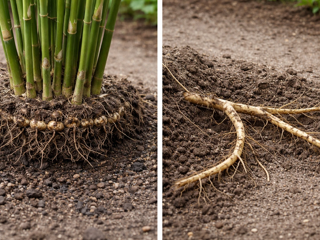 Close-up of compact clumping bamboo leaves and visible contained roots beside a separate spreading rhizome sample.