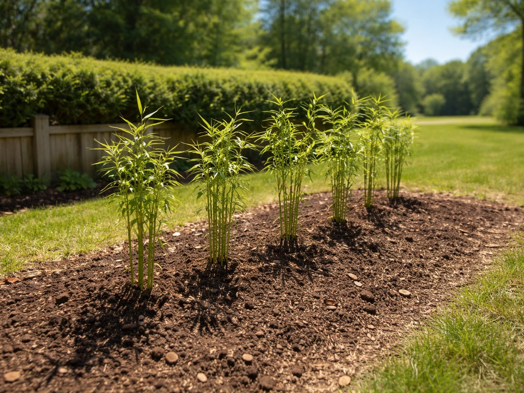 Sunlit bamboo planting area with windbreak fence, showing well-draining soil and open exposure