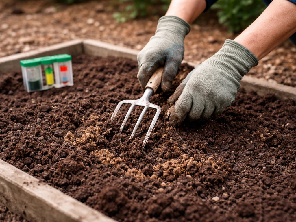 Gloved hands mixing loamy soil with amendments beside a soil test kit in a garden bed