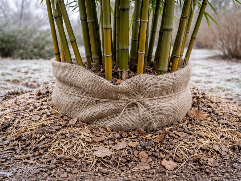 Bamboo base in winter, covered with thick mulch and wrapped with simple insulation for protection.