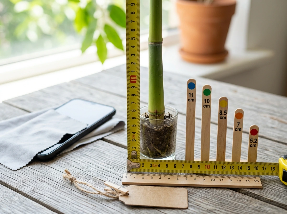 Step-by-step conversion chart made with physical measuring tape and labels