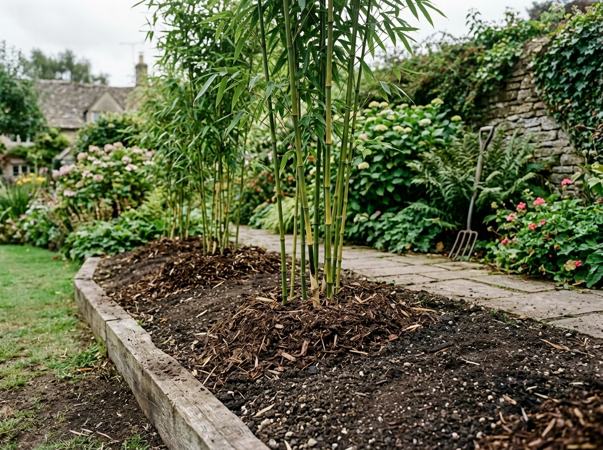 UK garden bamboo bed showing mulch, spacing, and drainage cues