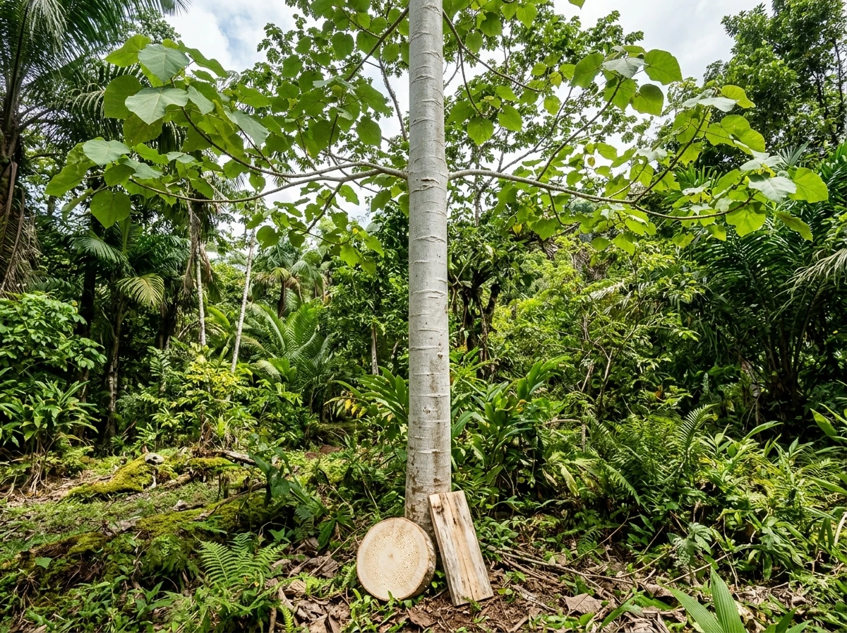 Balsa tree and light-colored wood cross-section from Ochroma pyramidale