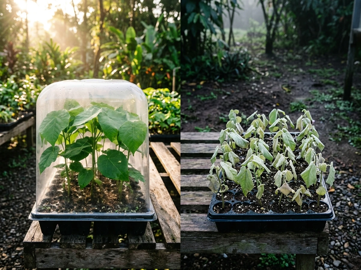 Young balsa seedlings harmed by cold exposure versus protected seedlings