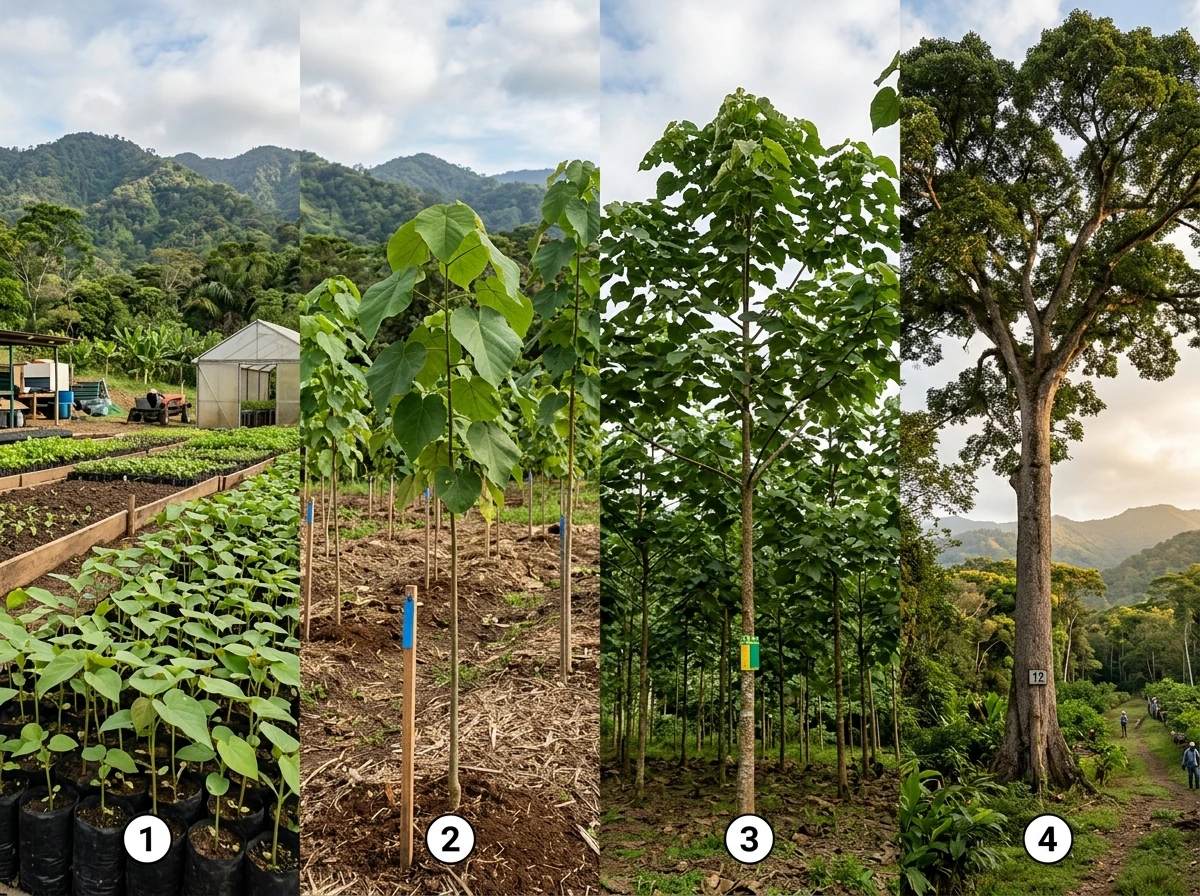 Balsa’s growth from seedling to taller tree in a tropical nursery/plantation