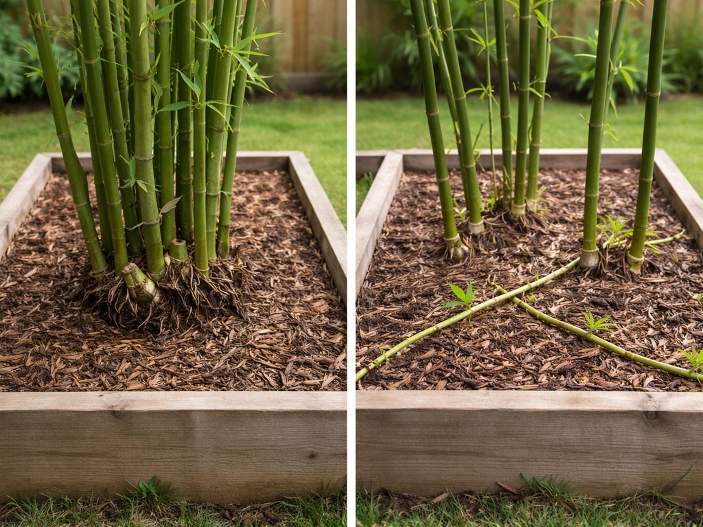 Side-by-side garden planters showing clumping bamboo tight roots vs spreading rhizomes.