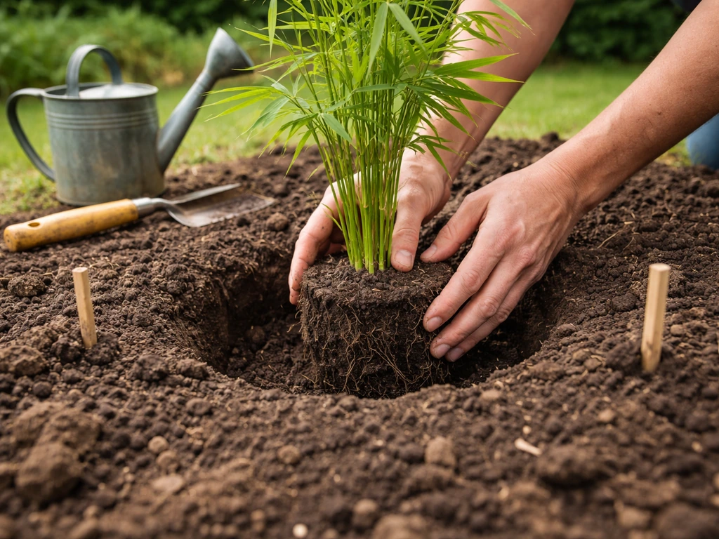 Hands placing a bamboo plant into a prepared hole with amended soil and a small drainage mound