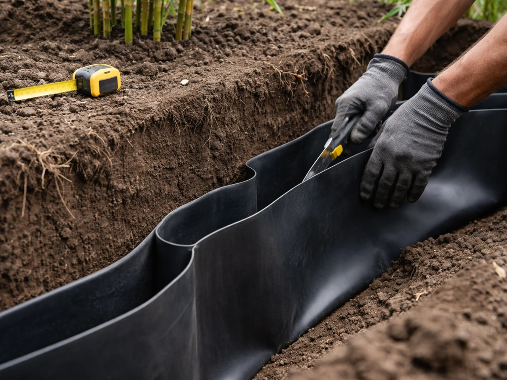 Worker installing a thick HDPE barrier in a shallow trench around a running bamboo planting area.