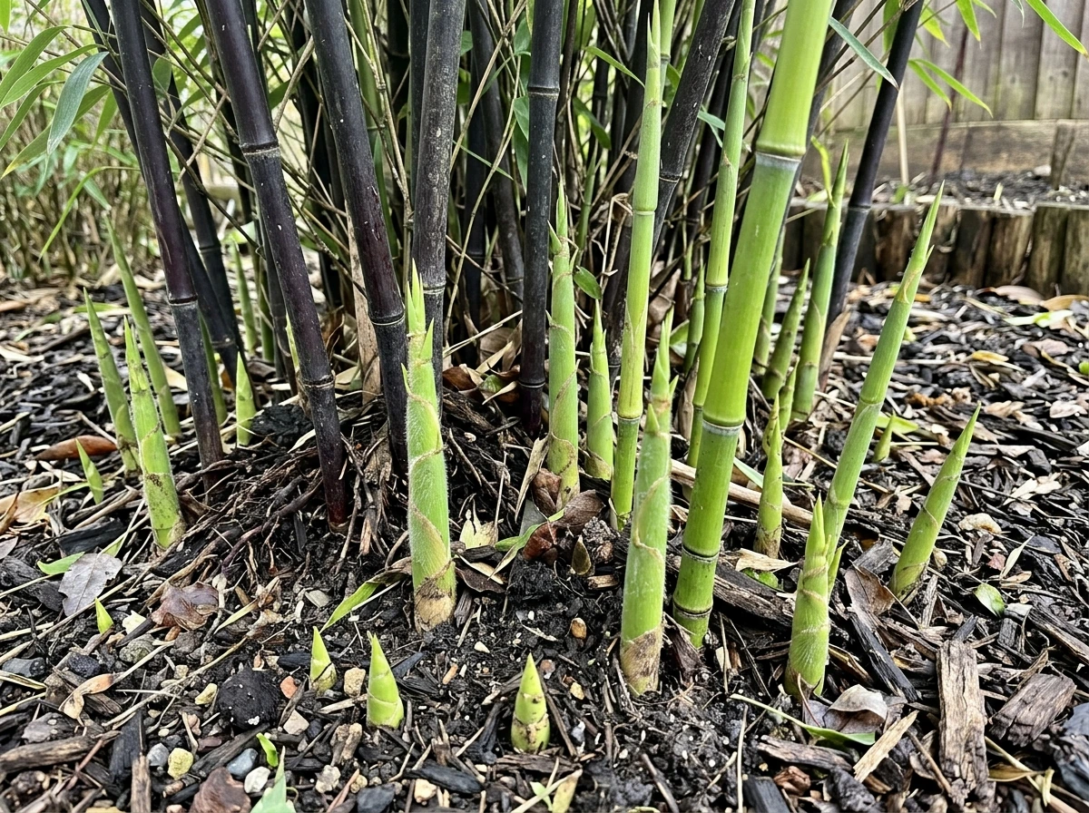 Green new black bamboo culms emerging from the soil during the spring flush