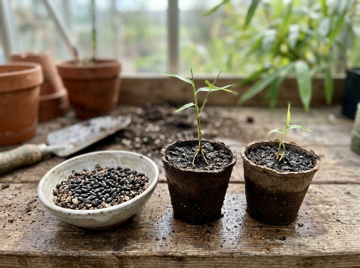 Black bamboo seeds and young seedlings in pots showing early-stage timeline