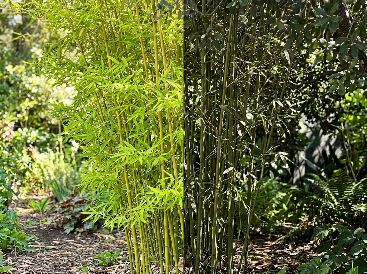 Black bamboo growing under full sun versus dappled shade