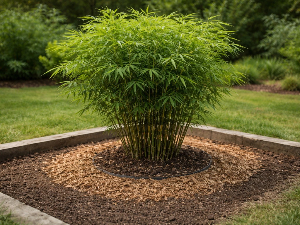 Healthy bamboo growing in a prepared raised garden bed with visible soil and mulch in natural light.