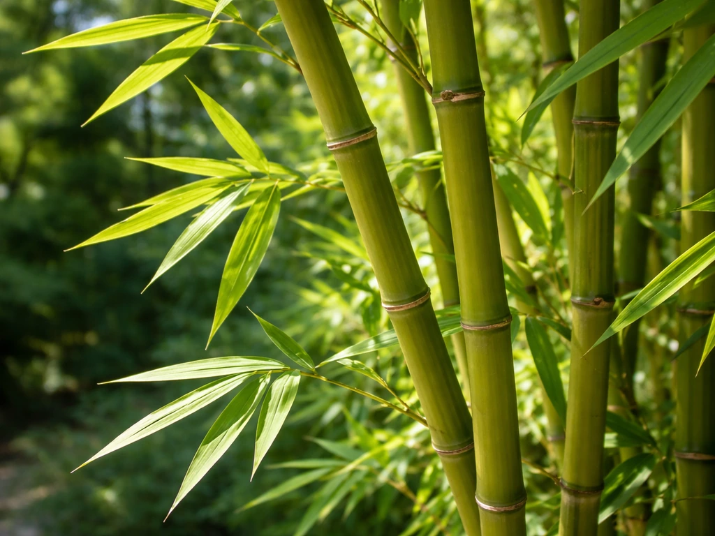 Close-up bamboo leaves and canes in bright sun, healthy posture, partial shade background.