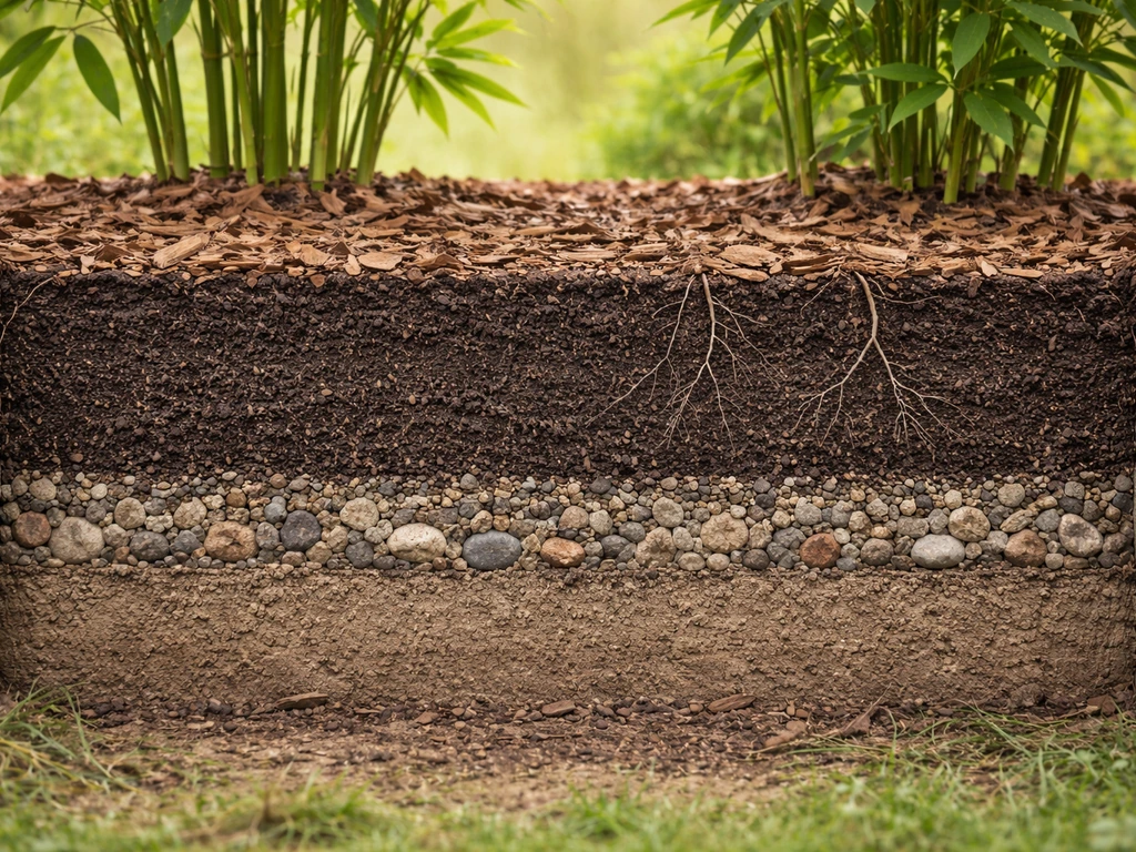 Garden bed cross-section showing mulch, slightly acidic amended soil, and drainage layers for bamboo roots.