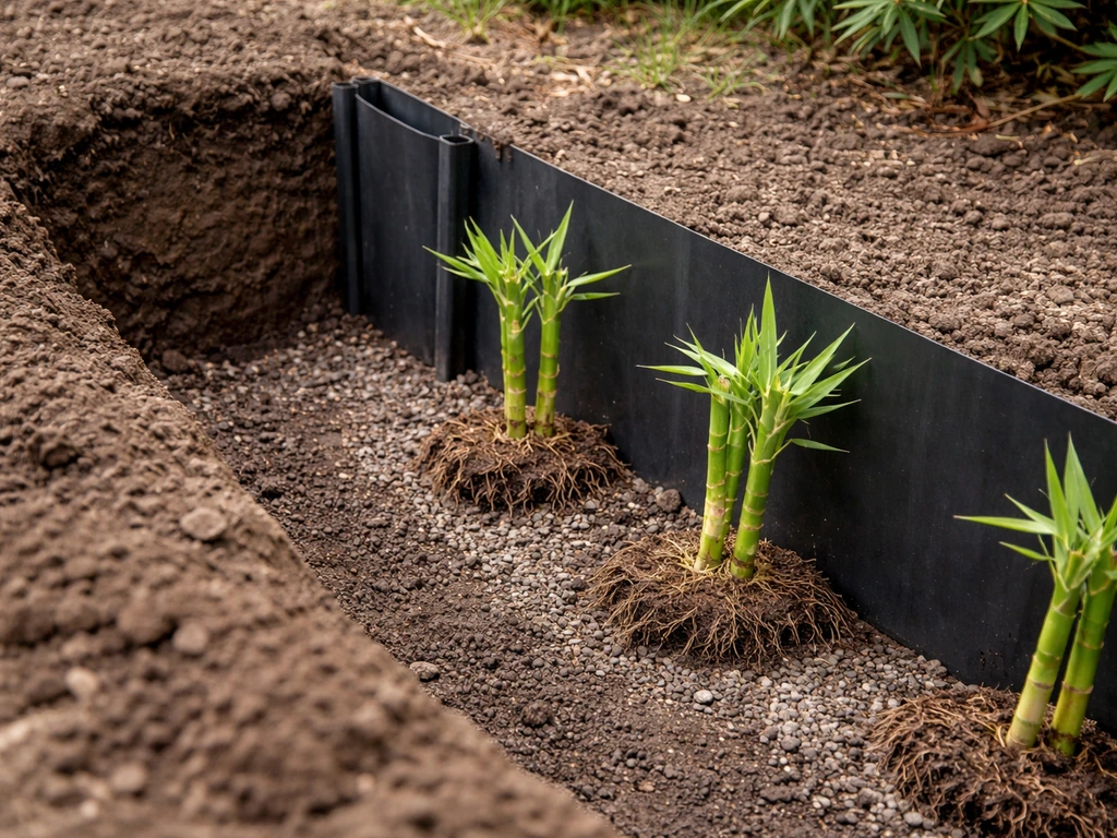 Trench with installed hard-plastic rhizome barrier and running bamboo planted inside, showing correct placement depth.