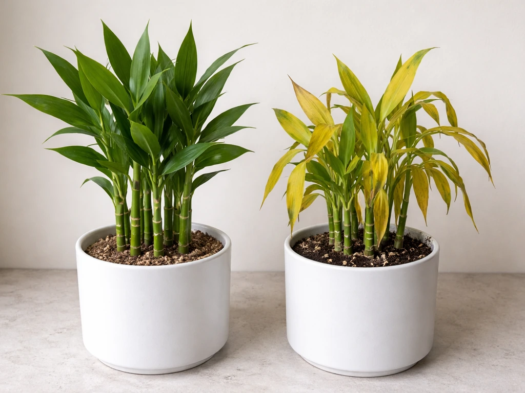 Two bamboo stalks in pots: one lush green, one with yellowing leaves and slightly wilted fronds near dark, damp soil.