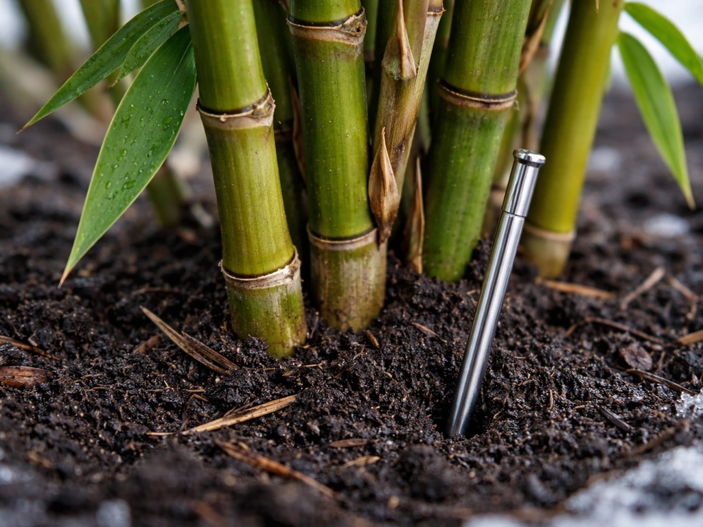 Close-up bamboo culms and leaf nodes with a small soil temperature probe near the base