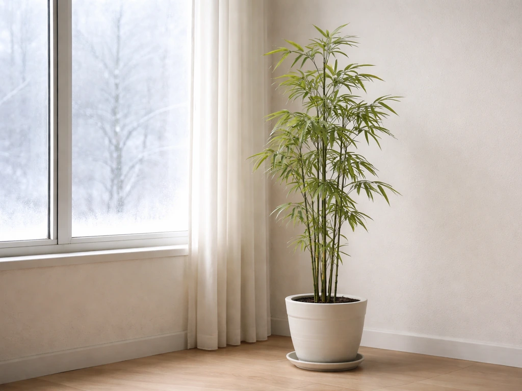 Indoor potted bamboo beside a bright winter window with no new shoots and limited leaf activity.
