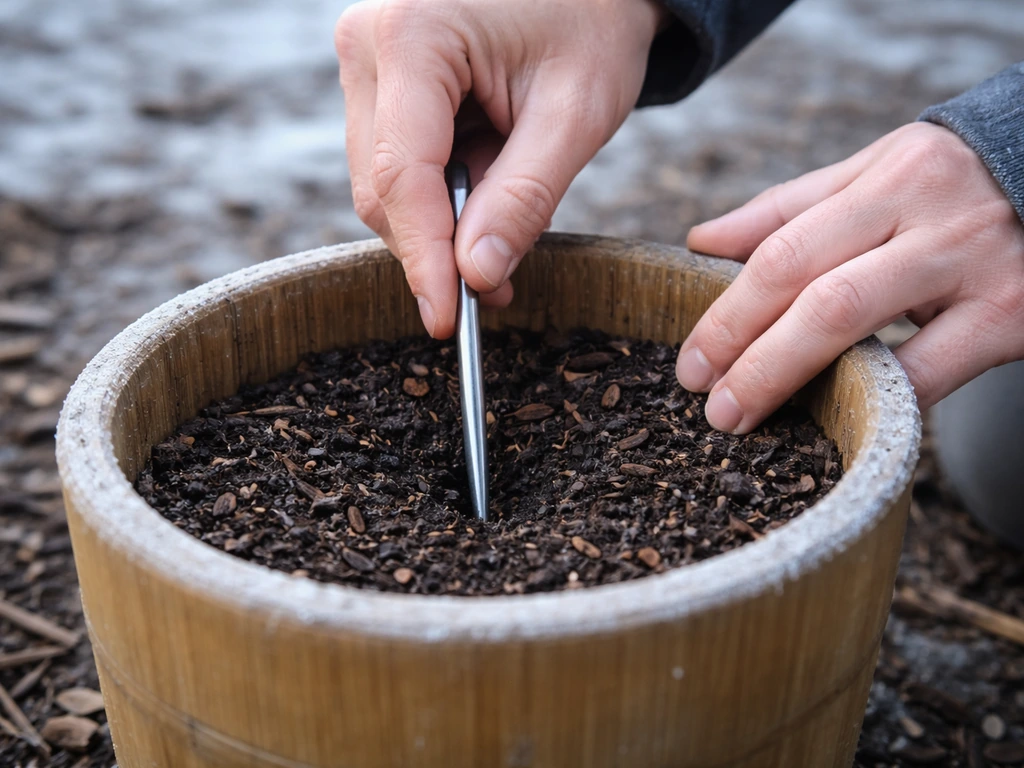 Close-up of hands checking soil moisture in a bamboo pot using a finger-depth probe
