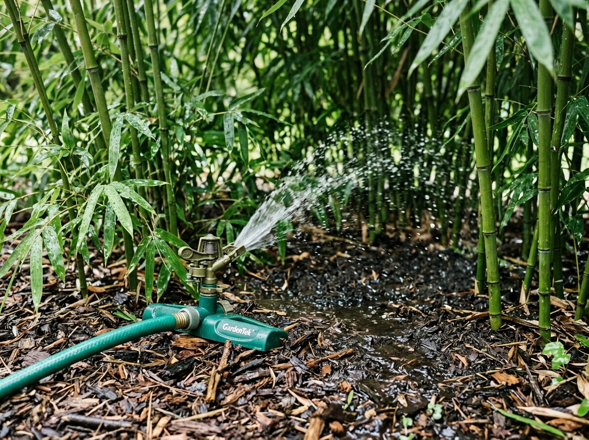 Bamboo bed being actively irrigated with visible soil moisture under culms.