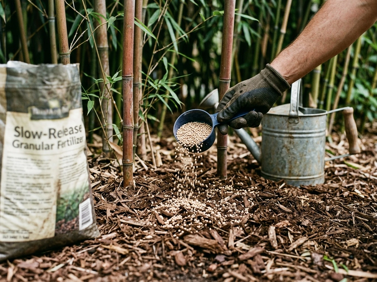 Slow-release granules applied around bamboo culms for growth support.