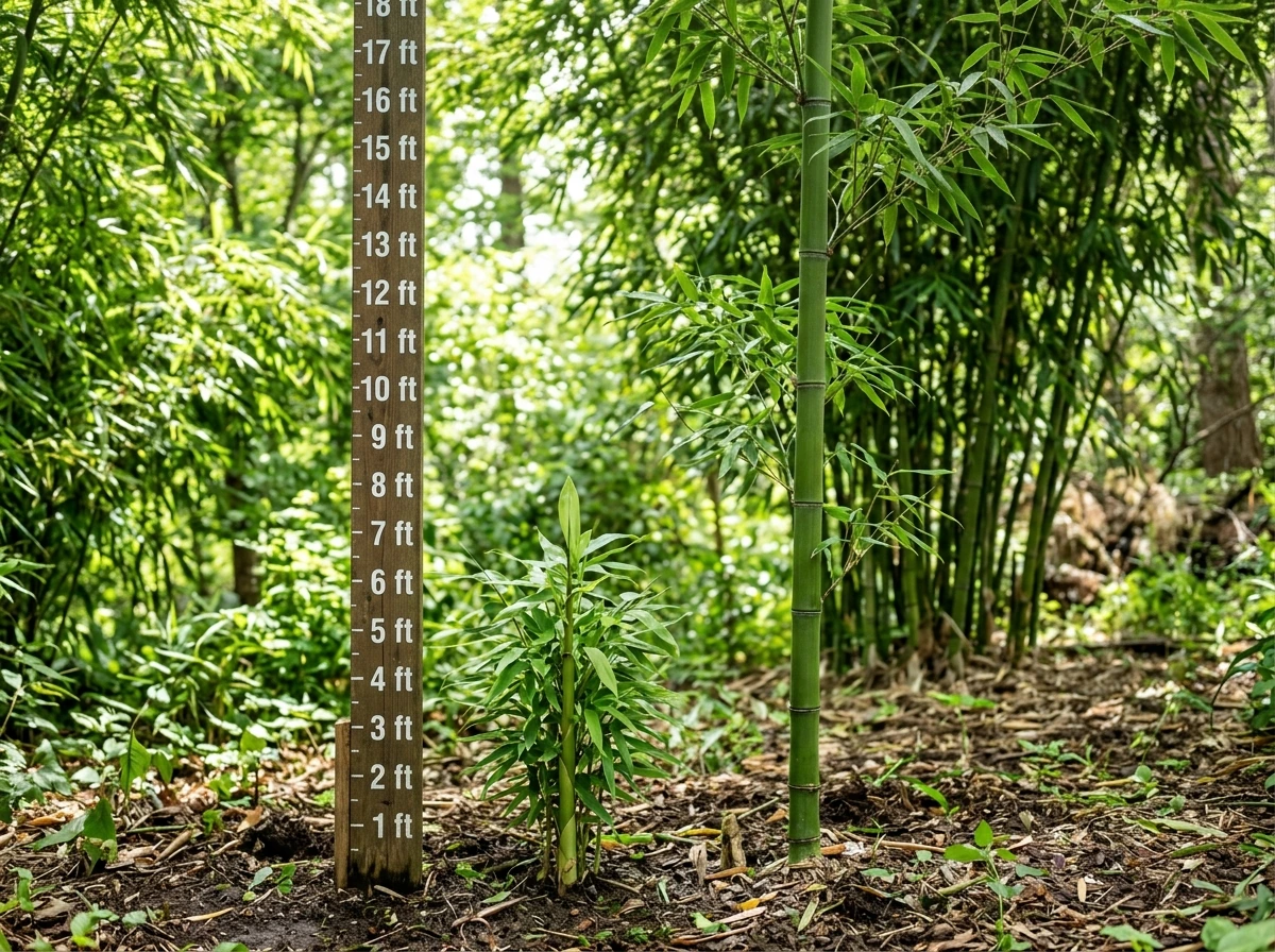 Young shoots versus taller bamboo culms showing year-one growth progression.