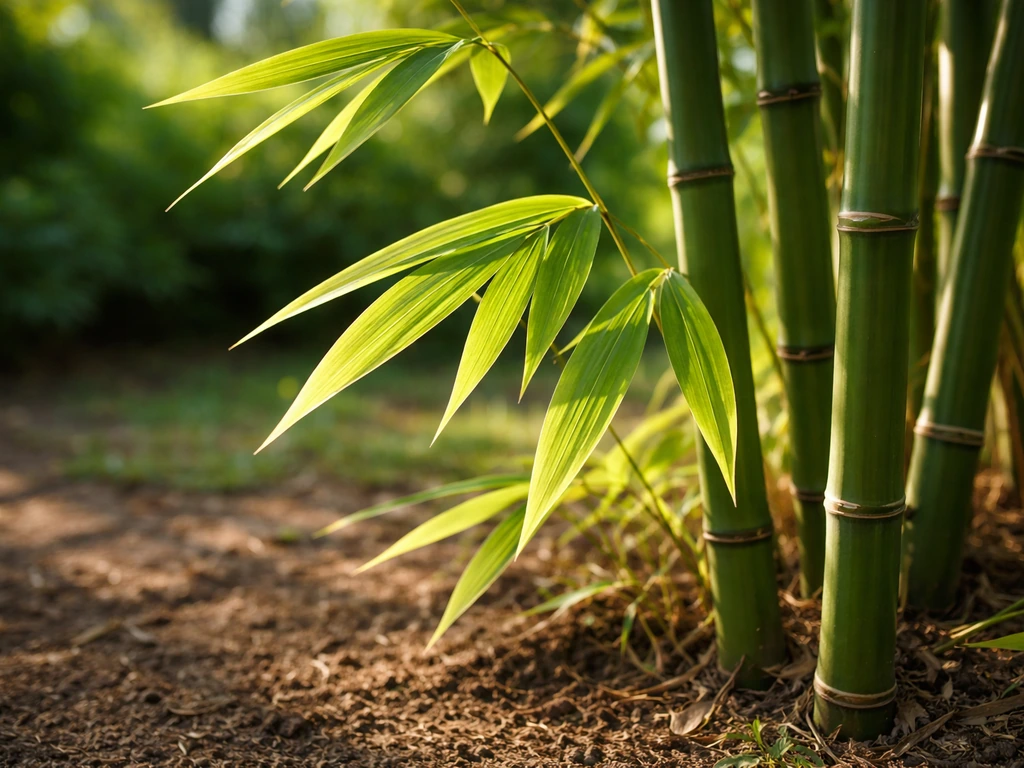 Outdoors bamboo leaves and culms in direct sunlight with bright natural light hitting the plant.