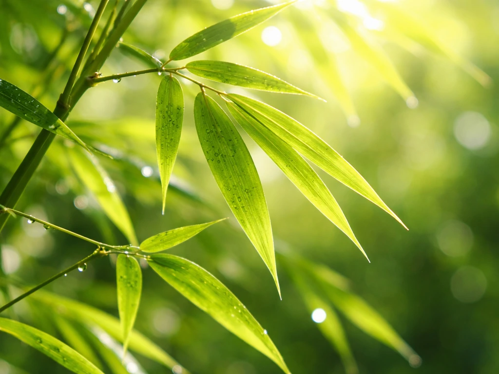 Close-up of bamboo foliage in strong sunlight, leaf details in sharp focus with soft blurred background.