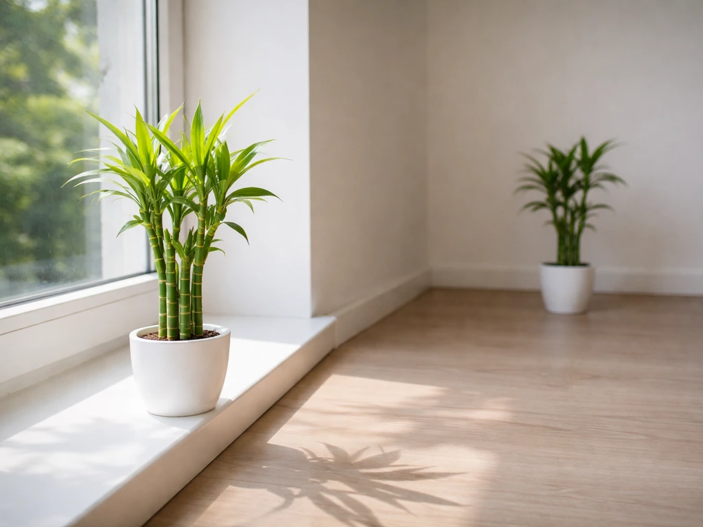 Two potted bamboo plants: one bright on a windowsill, the other farther away with softer light.