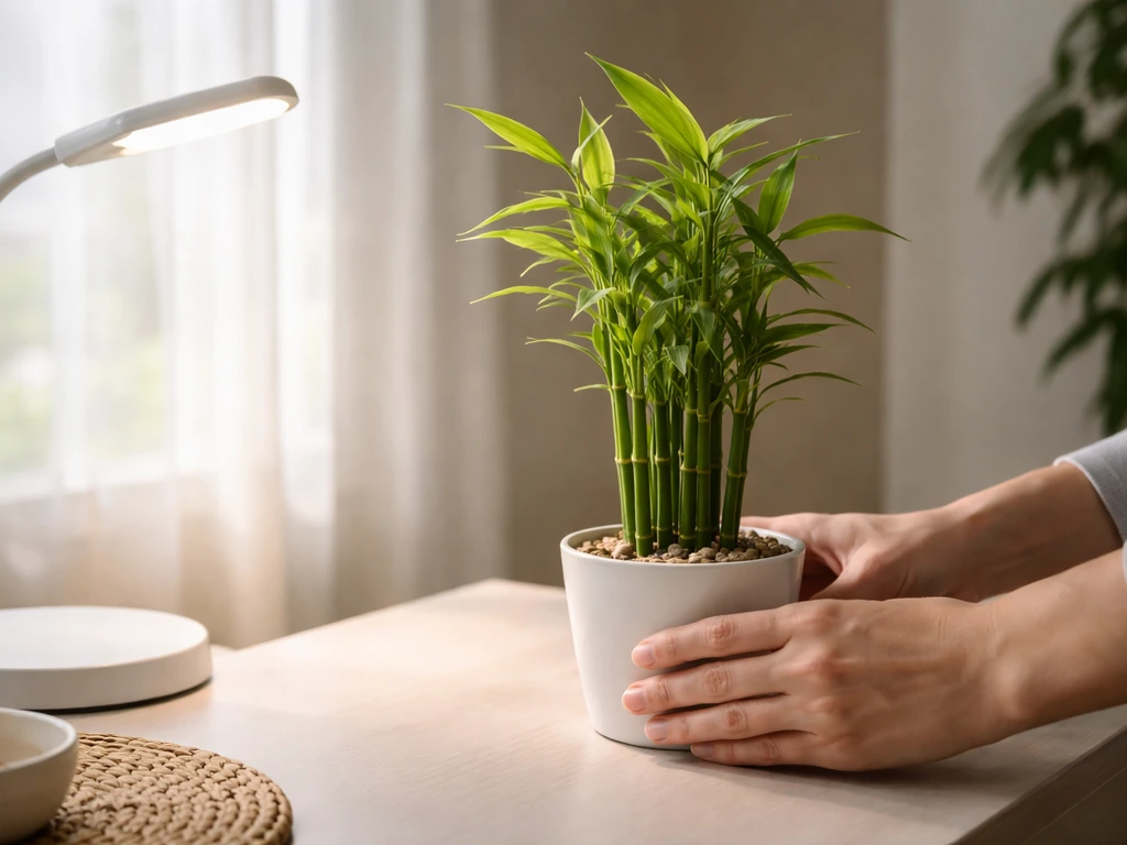 Two hands gently move a potted bamboo closer to a bright window with a grow light on nearby.