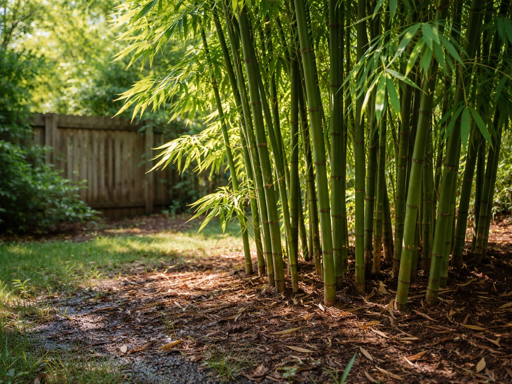Healthy bamboo thriving in a quiet backyard garden with dense green canes and lush foliage.