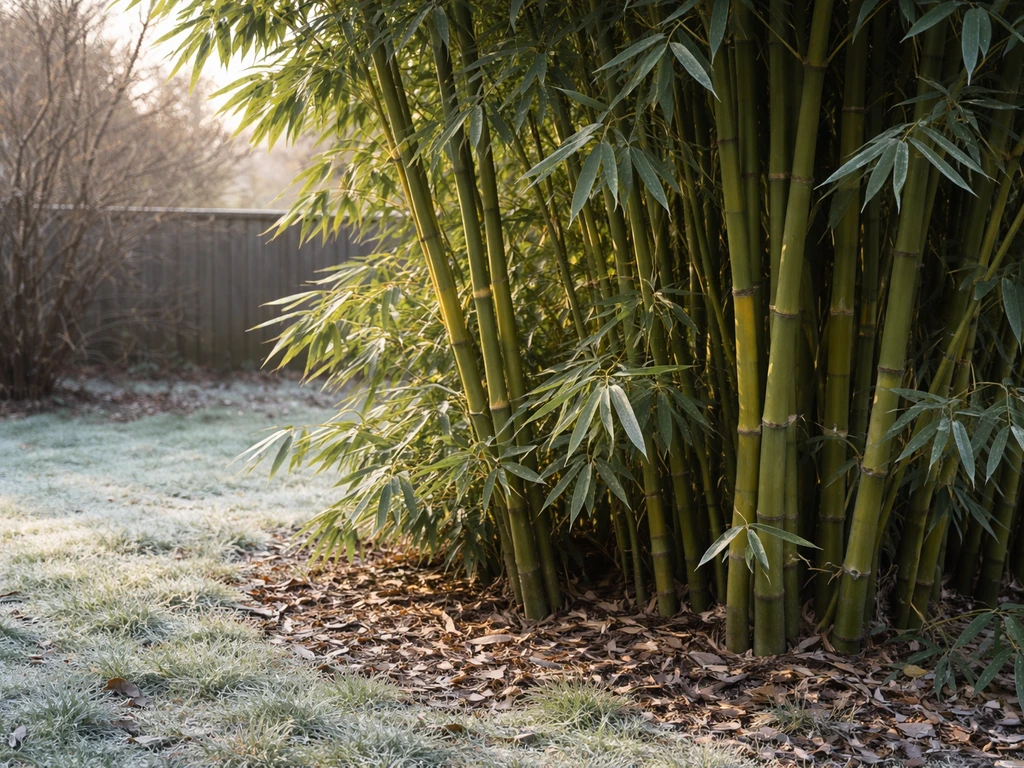 Green bamboo growing outdoors with light frost on the ground in winter light.