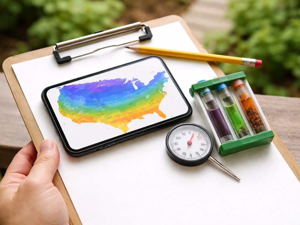 Close-up of clipboard with soil test kit, thermometer, and a smartphone showing a blank hardiness zone map.