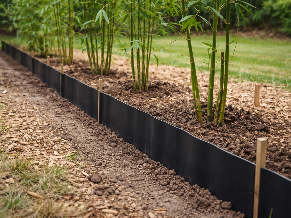 Newly planted running bamboo in a neat barrier trench with fresh mulch and soil, simple outdoor yard scene.