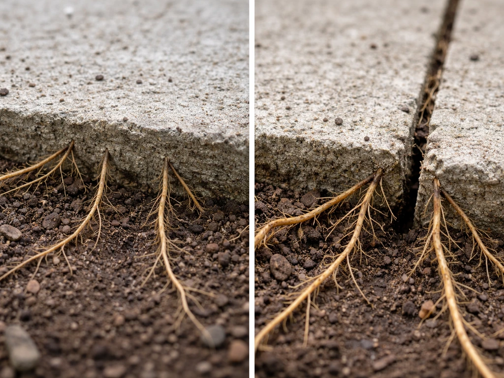 Close-up of bamboo roots beside a concrete slab, with a clear split showing no root penetration at cracks.
