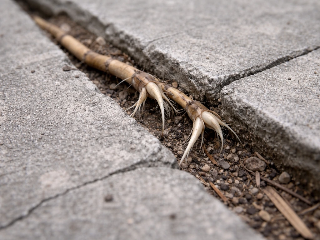 Close-up of bamboo roots near a concrete crack, expansion joint, and debris gap.