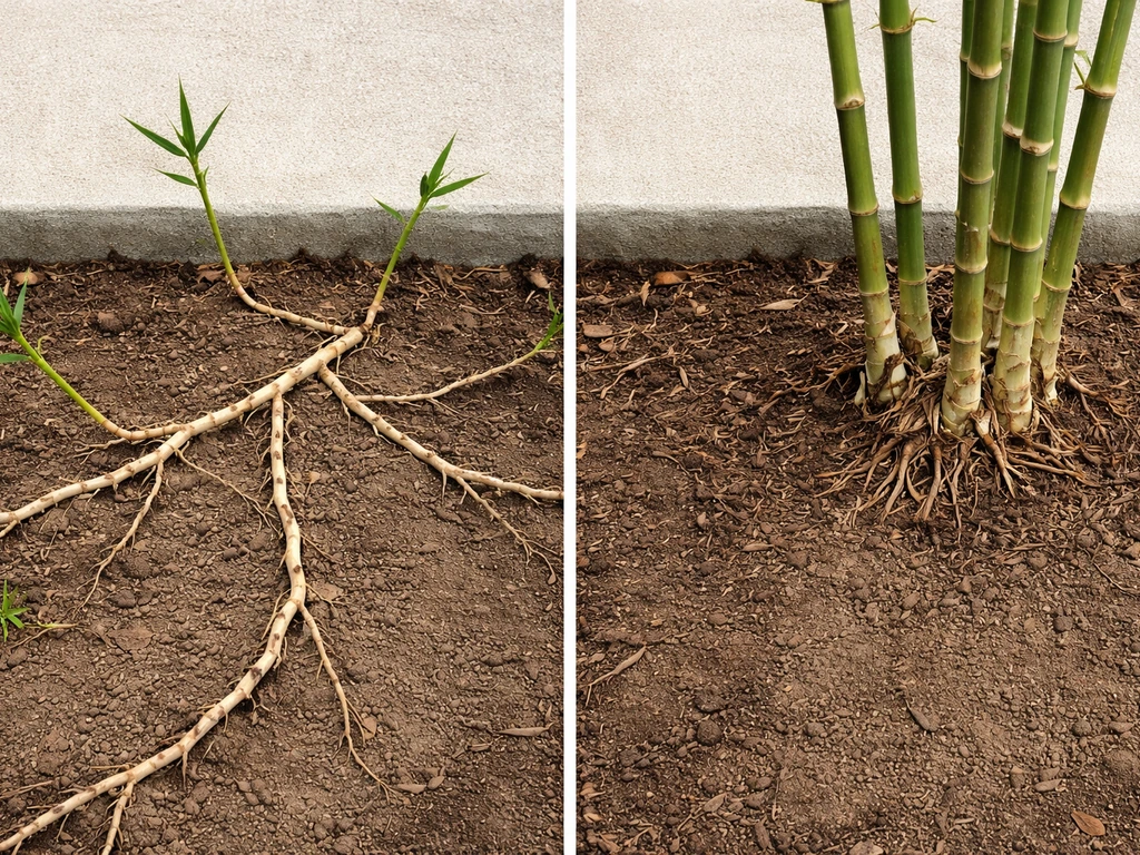 Ground-level comparison of running vs clumping bamboo rhizomes near a concrete edge, shown from above.