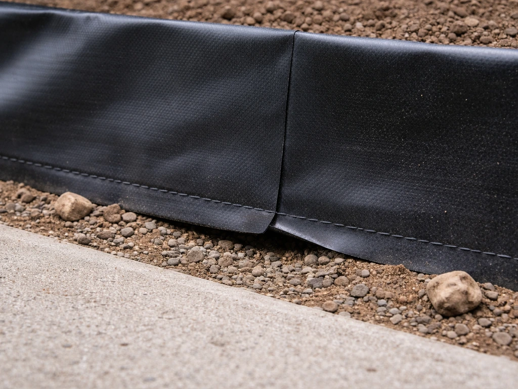 Close-up of high-density root barrier sheet installed along a concrete edge with a visible overlap gap.
